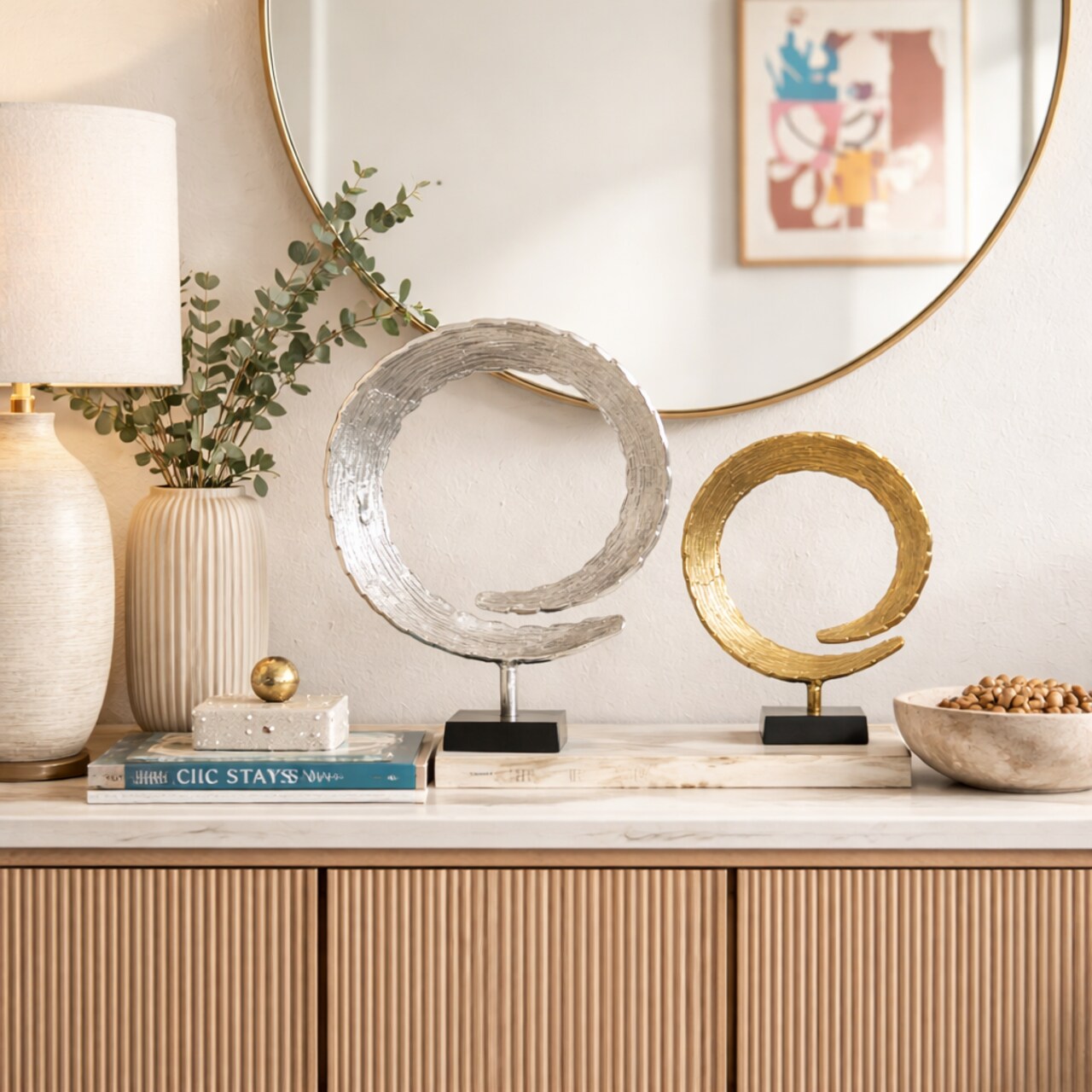 Dual Harmony Rings Sculpture | Set of 2 | Modern Aluminum Art Pieces | 14x4.5x18"